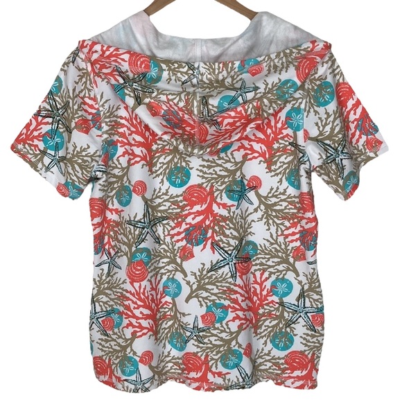 Denim & Co. Beach Coral Print Zip Front Short Sleeve Hoodie - Picture 2 of 10